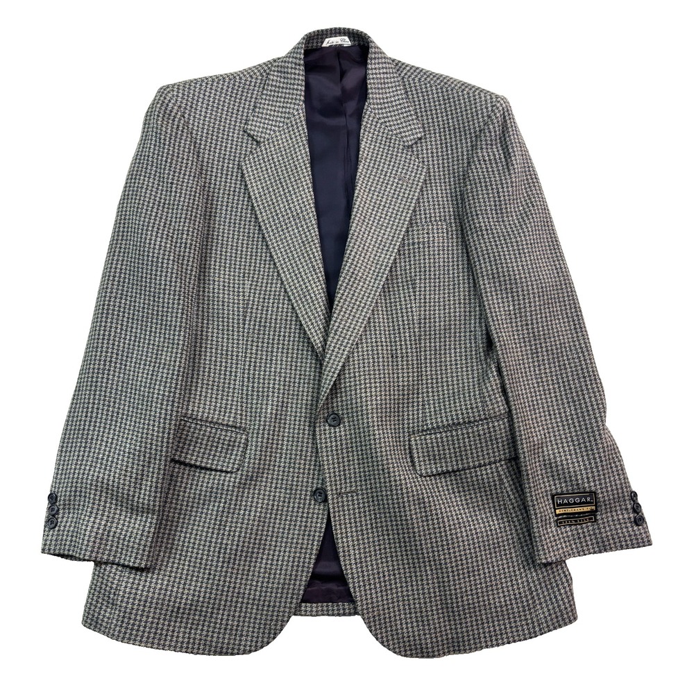 vtg NEW Haggar 42L Gray Blue Houndstooth 100% Silk‎ Blazer Jacket Sport Coat